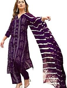 Women's Rayon Blend Straight Bandhej Printed Kurta with Pant & Dupatta