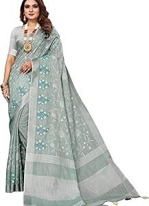 Women's Linen Cotton Embroidery Work Saree with Blouse Piece