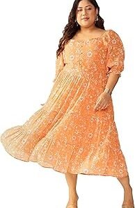 Women's Plus Size Orange Georgette Floral Printed Tiered Dress