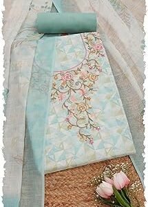 Womens Linen Geometric Print Unstitch Dress Material With Thread Work