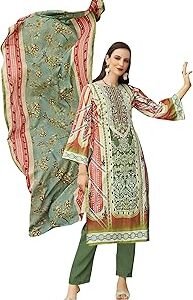 Women's Unstitched Pakistani Print Embroidered Pure Cotton Salwar Suit Dress Materials with Cotton Printed Dupatta