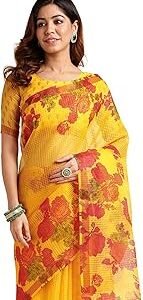 Women's Kota Doria Floral Printed Saree with Blouse Piece
