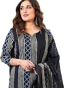 Women's Pure Cotton Hand Block Printed Style Ethnic Kurta Set with Dupatta | Black & Indigo