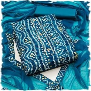 Women's Heavy Cotton Bandhani Print With Foil Work Unstitched Salwar Suit Dress Material With Chinon Bandhej Dupatta (Free Size_Multi Color)