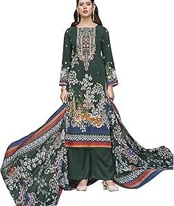 Women's Unstitched Pakistani Print Embroidered Pure Rayon Salwar Suit Dress Materials with Cotton Printed Dupatta