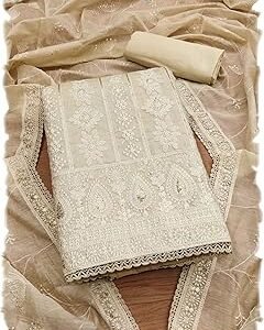 Women's Elegant Lucknowi Work with Modal Cotton Chanderi and Embroidered Dupatta Unstitched Dress Material