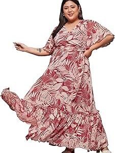 Women's V-Neck Flared Sleeve Floral Wrap Chiffon Maxi Dress with Pockets (APAW21D06-14-224-07, Multicolored-Base-Maroon, XXL)