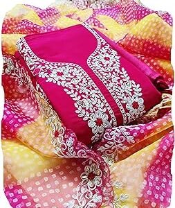 Women's Cotton Silk Embroidery Work Unstitched Salwar Suit Dress Material With Organza Printed Dupatta(Free Size)