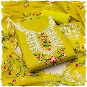 Women's Cotton Embroidery Work Unstitched Salwar Suit Dress Material With Chanderi Work Dupatta (Free Size_Multi Color)