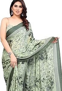 Chiffon Georgette Floral Printed Sarees for Women with Blouse Piece (38085-Light Pista Green, Dusty Green)