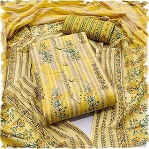 Women's Cambric Cotton Batik Printed Unstitched Salwar Suit Dress Material With Printed Dupatta (DM Batik Yellow_Free Size)