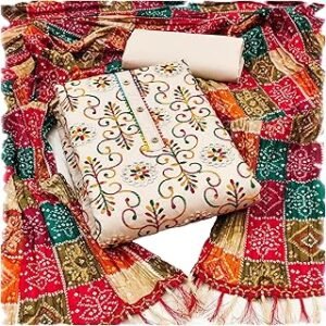 Women's Poly Cotton Embroidery Work Unstitched Salwar Suit Dress Material With Bandhej/Bandhani Print Dupatta (Free Size)
